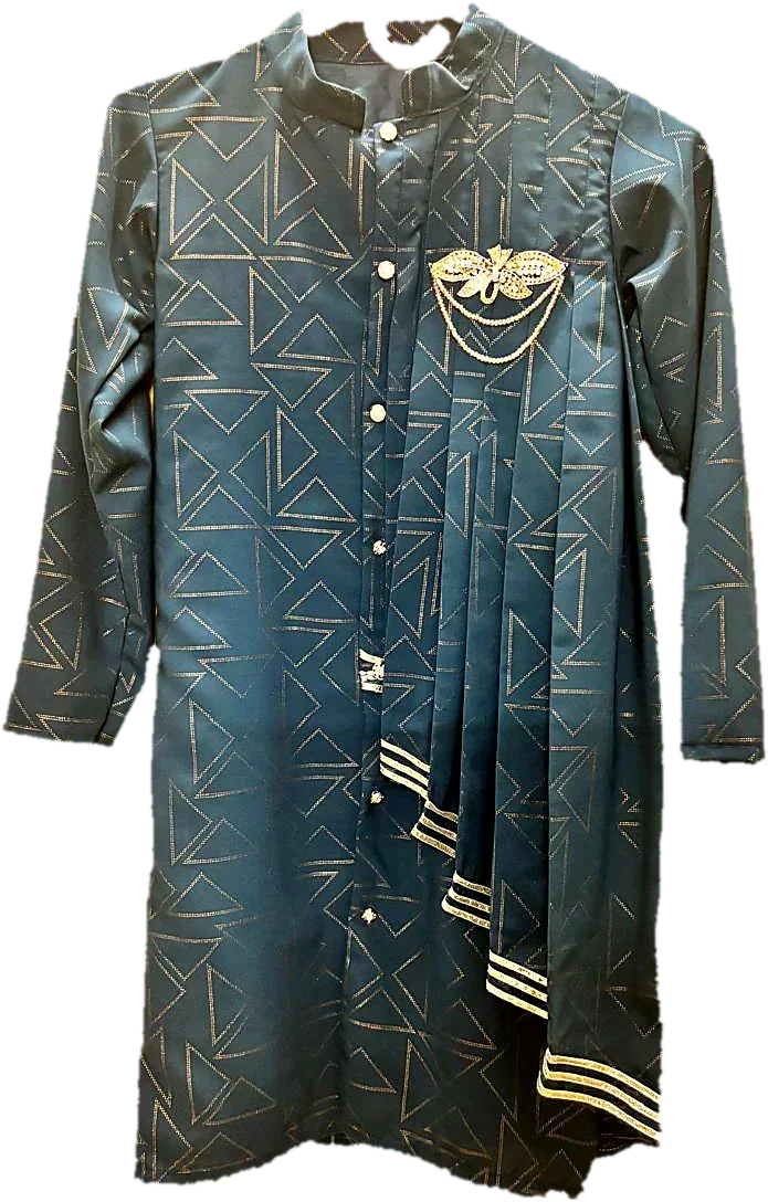Teal asymmetric pleated kurta with geometric gold print, a jewelled brooch and striped hem
