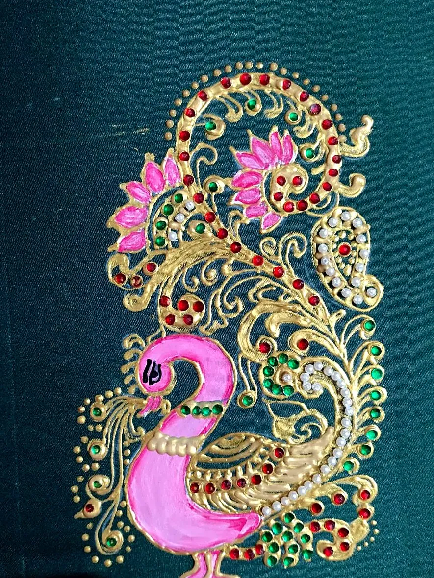 Hand-painted pink and gold peacock with stones and pearls on emerald silk